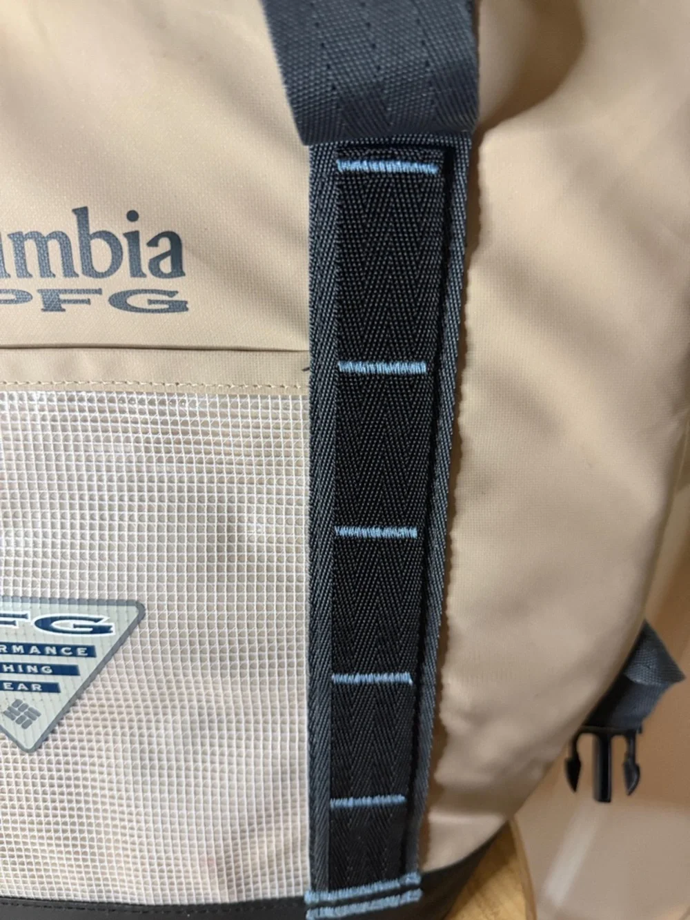Columbia PFG Tan Duffel Tote with Black Base and Navy Straps